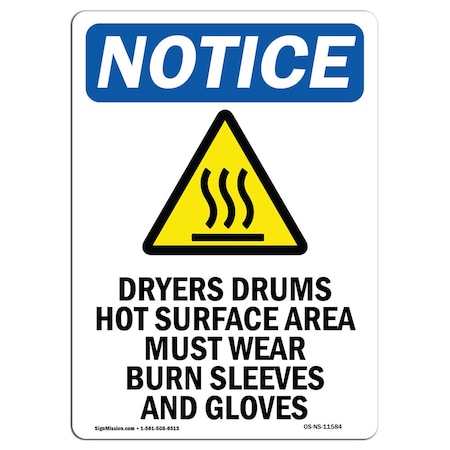 OSHA Notice Sign, Dryers Drums Hot Surface With Symbol, 14in X 10in Aluminum